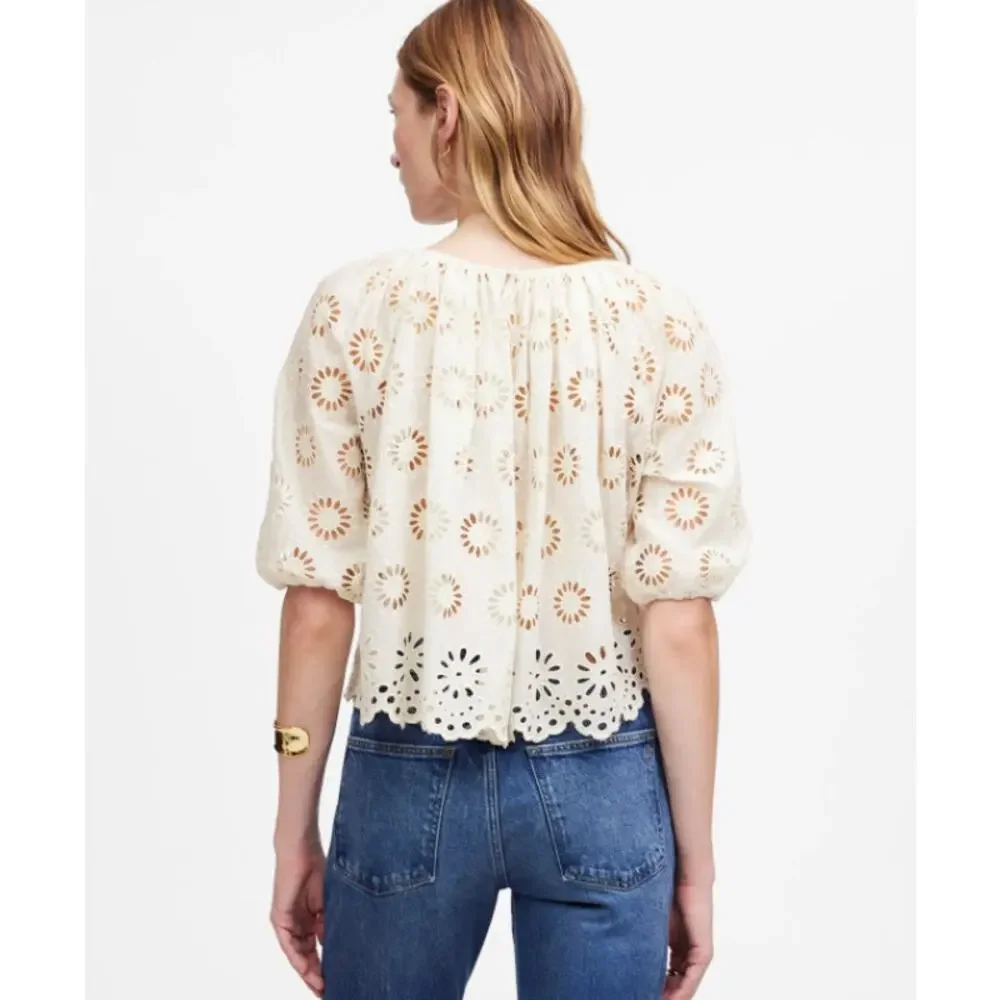 Madewell Embroidered Shirred Puff-Sleeve Top WMNS XS Cream Floral Eyelet Swingy